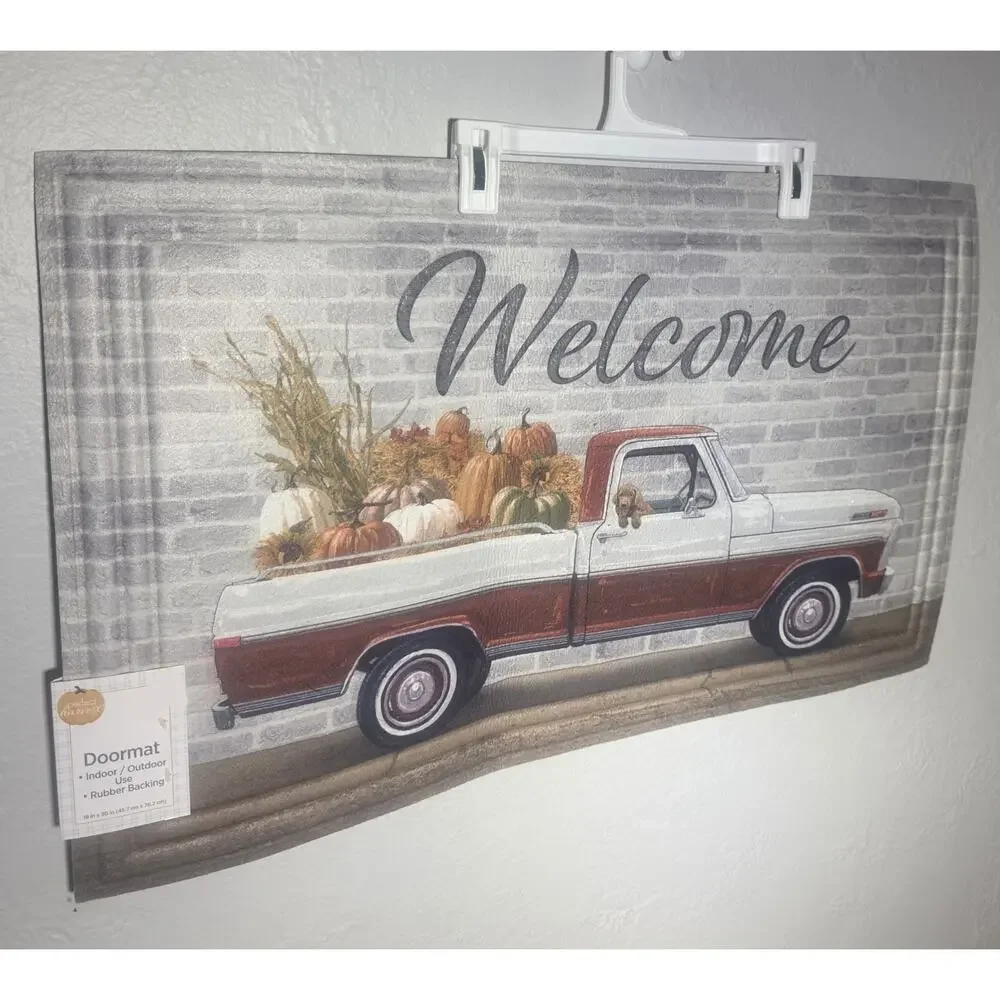 Pumpkin Truck Welcome Doormat Indoor Outdoor Rubber Backing 18 x 30
